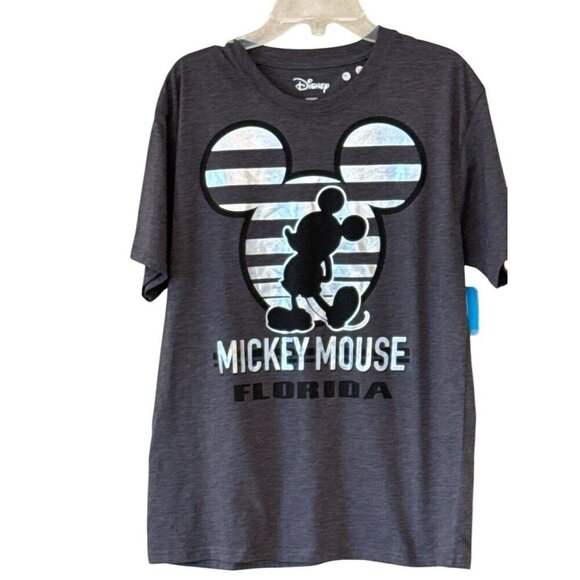 Disney Striped Silver Mickey Mouse Florida Gray Tee Shirt Size Small 34/36 NWT - Picture 1 of 5